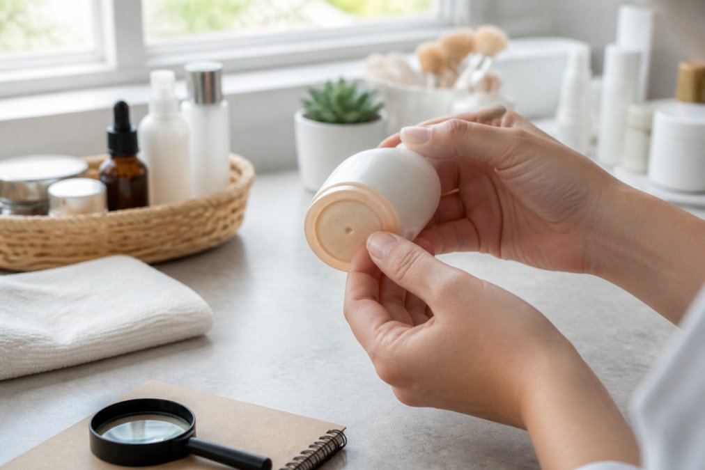 Close-up of hands holding a skincare bottle and inspecting the bottom label for a printed batch code under bright natural window light