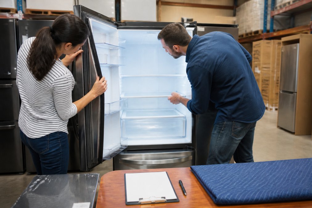 Shoppers inspecting the door seal and shelves of open box appliances in a warehouse using a printed checklist.