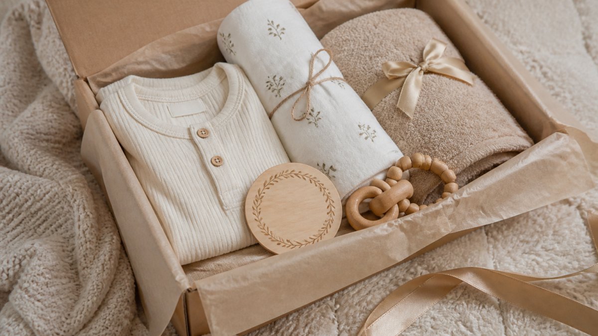 Infographic visualizing the cost factors behind luxury organic baby gift sets featuring premium cotton and bamboo items.