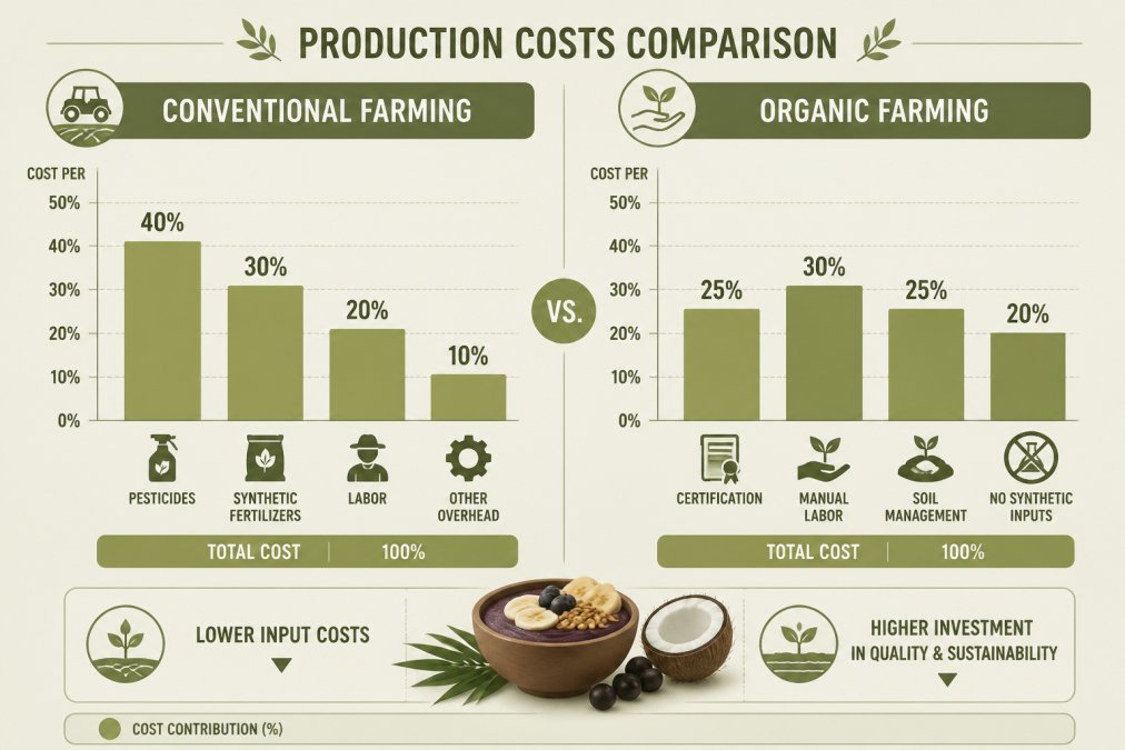 Bar chart comparing production costs for conventional versus organic farming to see if organic food gifts worth the cost