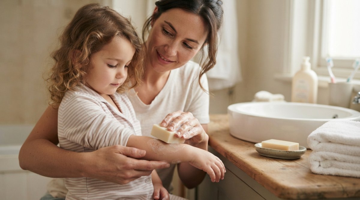 Parent gently applying gentle fragrance-free soap to a child's arm in a bathroom