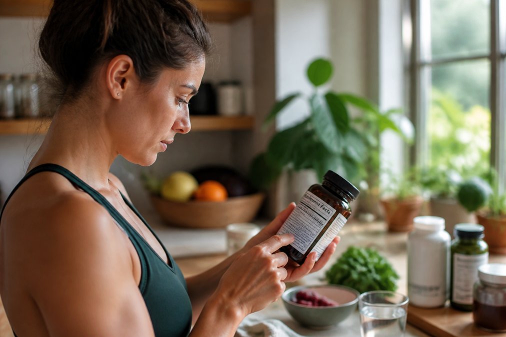 Hands holding a supplement bottle in a bright kitchen to inspect the ingredient label under natural light