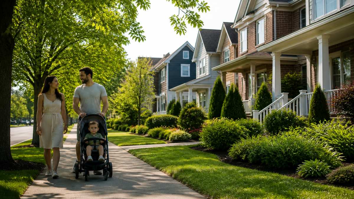 A young family walking with a stroller along a tree-lined suburban street with detached homes and green front lawns, warm afternoon light