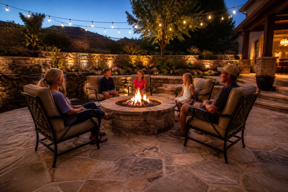 A family relaxing around a lit stone fire pit on a flagstone patio in a Fort Worth backyard at dusk, with comfortable seating and string lights overhead