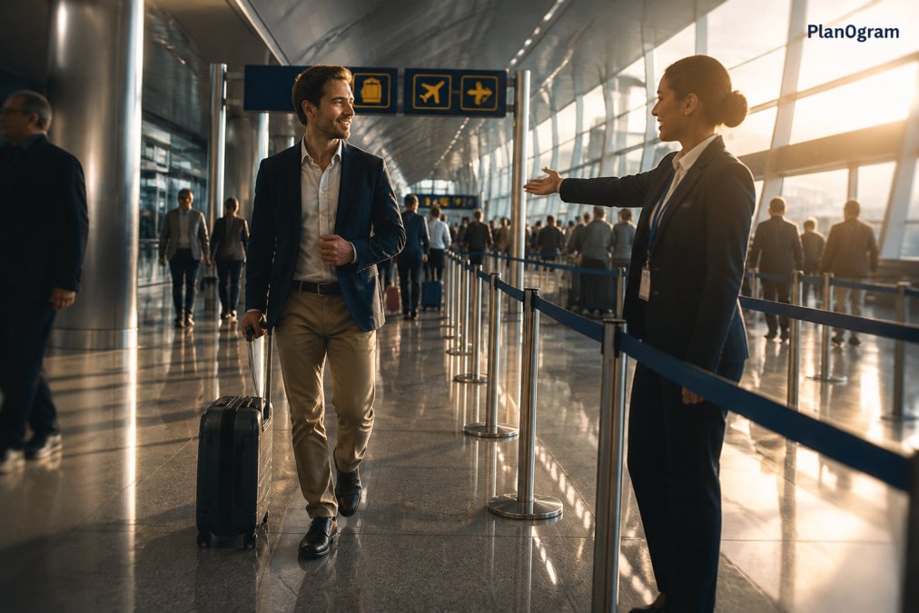 A traveler in a smart casual outfit walking through a busy airport terminal with a rolling carry-on suitcase, a uniformed airport concierge staff member gesturing toward a dedicated lane in the background, warm morning light streaming through terminal windows