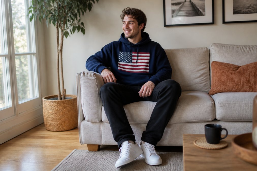 Person wearing a patriotic graphic hoodie styled with dark jeans and white sneakers in a bright living room