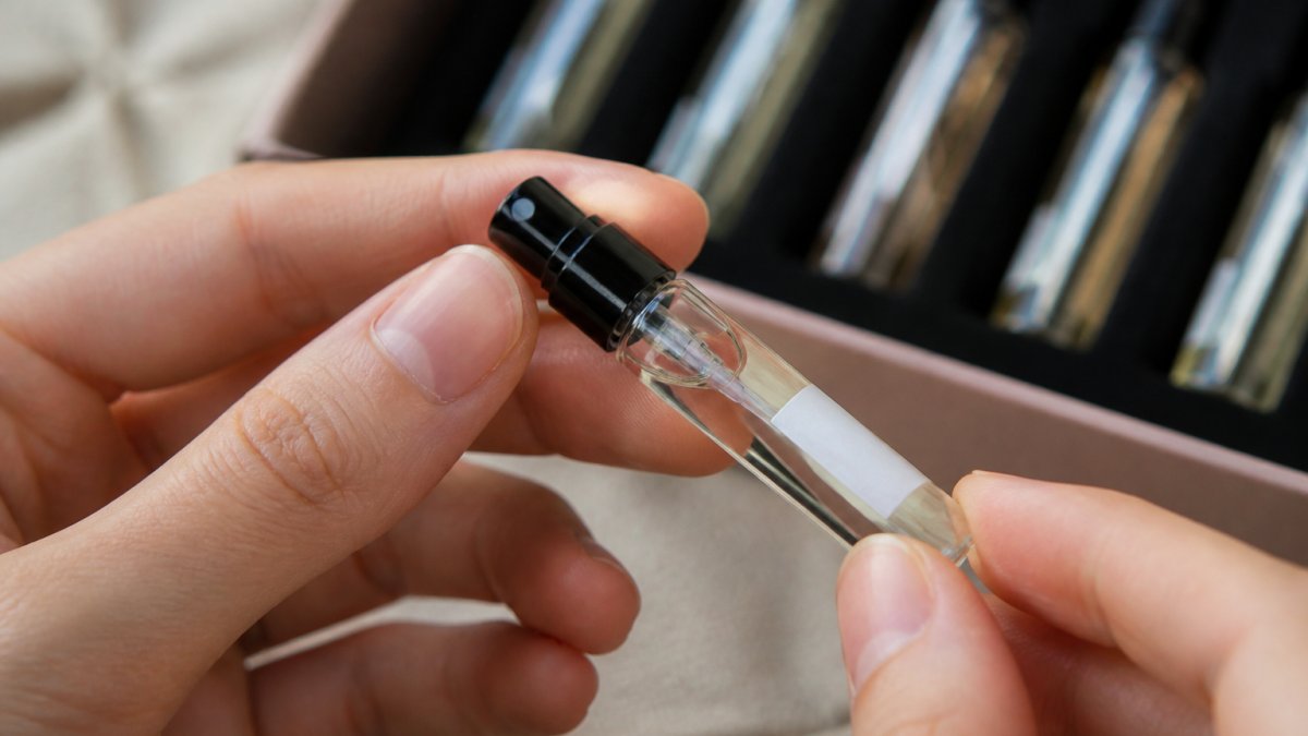 Close-up of hands examining a perfume decant bottle, showing the batch code label and atomiser spray mechanism in natural light