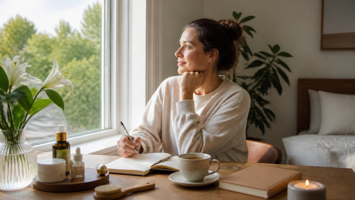 A person journaling with tea by a sunny window, using personal growth tools to plan their morning routine.