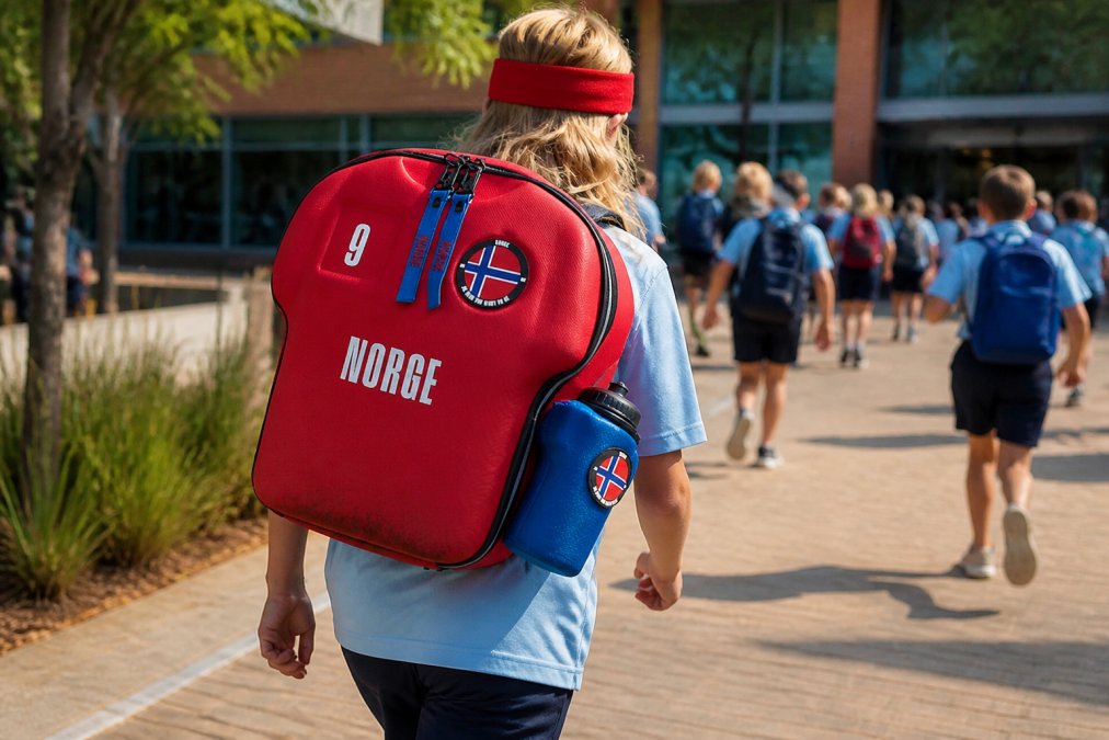 Child wearing a personalized backpack during outdoor school activities, actively using the bag with visible wear on straps and zippers from daily use in natural daylight