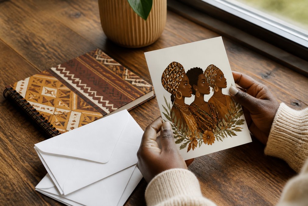 Hands holding an illustrated greeting card and journal, showcasing personalized cultural gifts for Black History Month