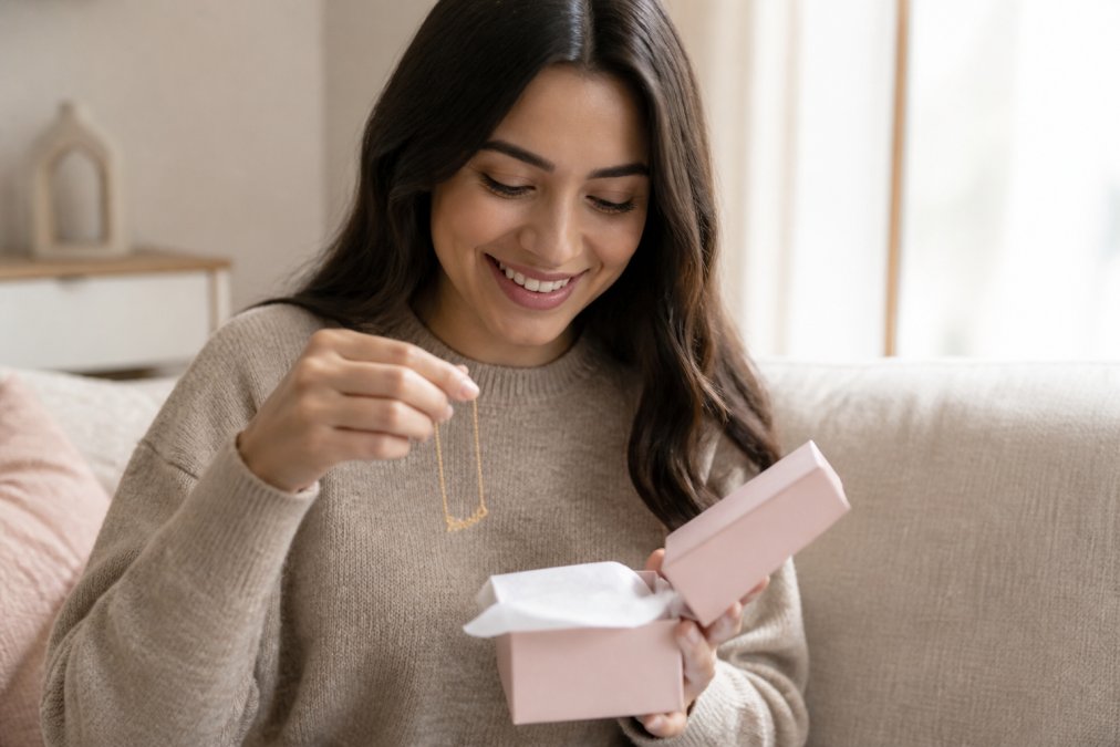 A woman with a genuine smile opening a small gift box, holding a delicate name necklace in warm afternoon light