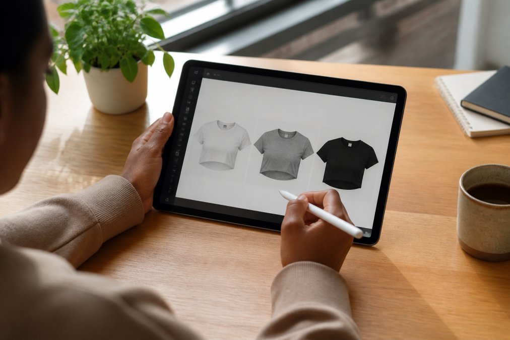 Designer's hands working on a tablet using design software, with custom apparel mockups displayed on screen showing different design variations and colors, natural office lighting from a window
