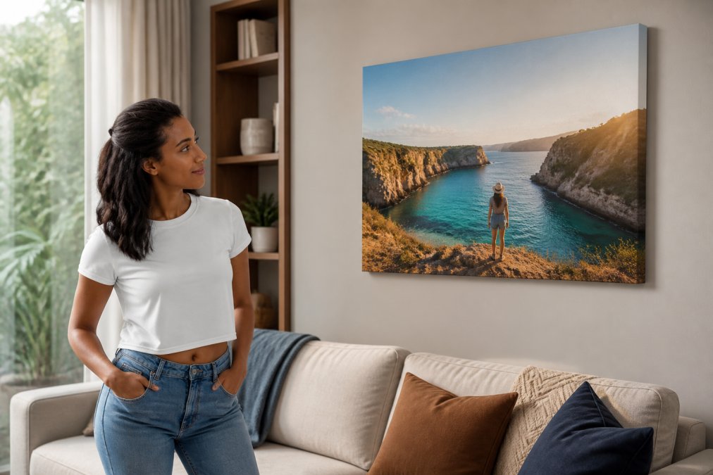 Person in modern living room admiring a custom canvas print on the wall above their sofa, showing genuine satisfaction and emotional connection to the personalized artwork, warm natural lighting from windows