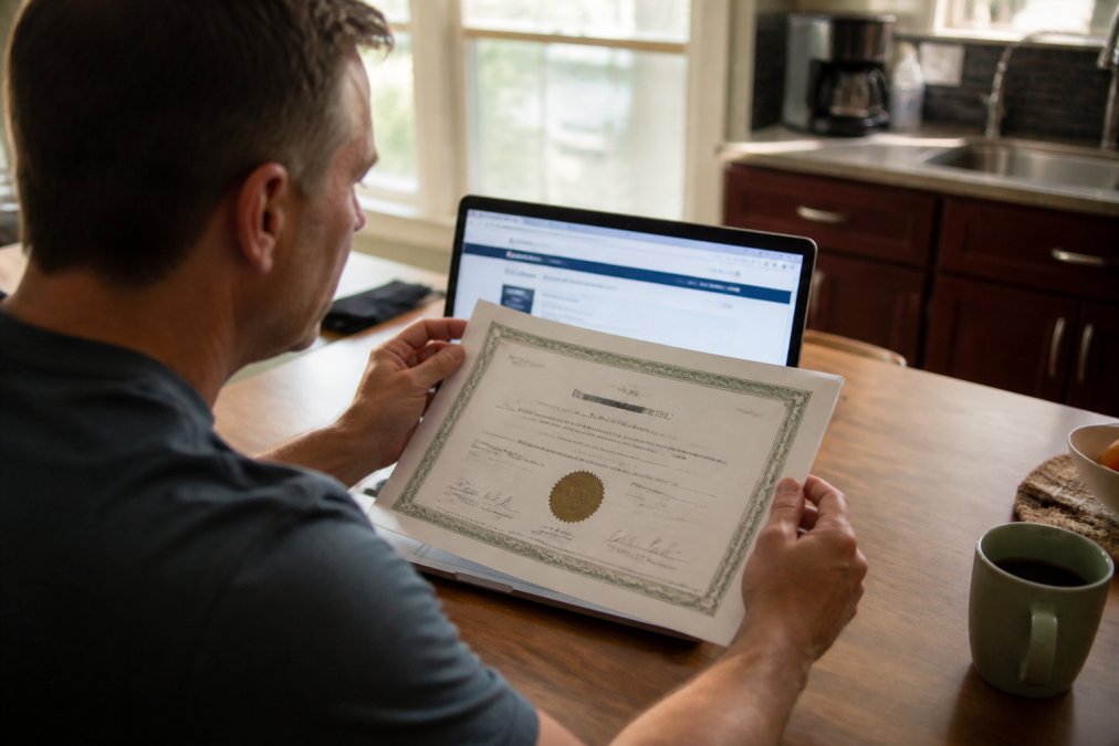 Homeowner's hands holding a printed pest control license certificate while sitting at a kitchen table with a laptop open displaying a state regulatory website in the background, natural afternoon light streaming through window