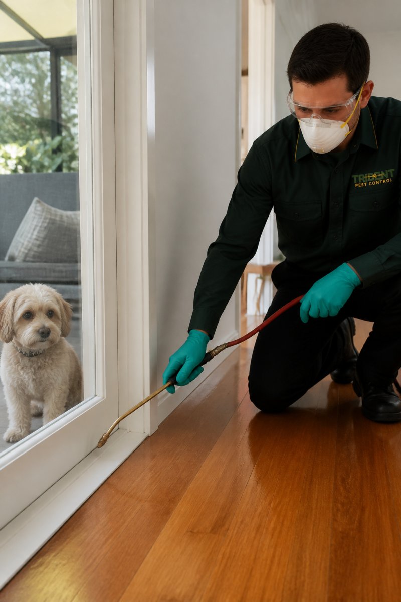 A licensed pest control technician in safety gear applying treatment along the skirting board of a bright Australian home, with a small dog watching from behind a closed glass door
