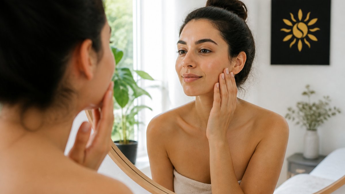 Woman examining her skin in natural light, touching her cheek with a calm, satisfied expression, demonstrating skin firmness and elasticity