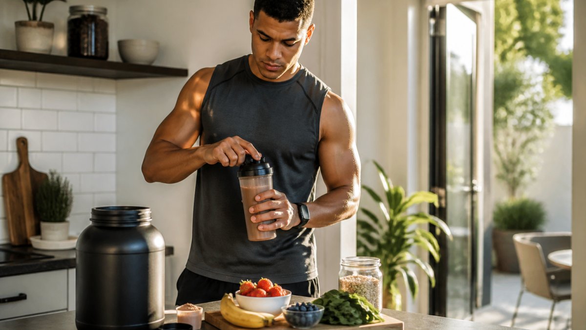 A plant-based athlete in athletic wear mixing a chocolate protein shake in a shaker bottle on a kitchen counter, with fresh fruit and a tub of protein powder visible nearby in natural daylight