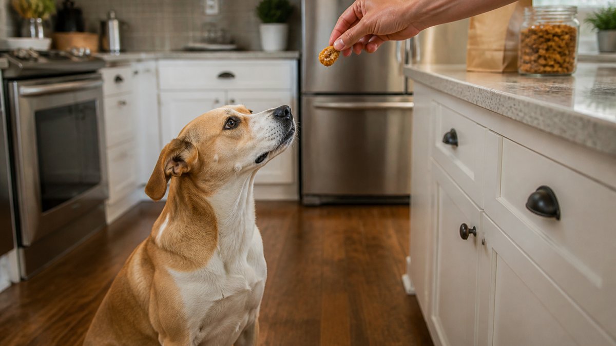 A happy medium-sized dog sitting on a kitchen floor, looking up at a hand holding a small crunchy plant-based treat, with a bag of organic dog treats visible on the counter behind