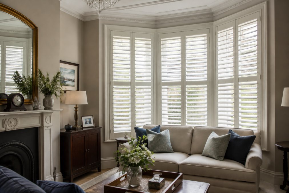 Bright living room with custom-fitted plantation shutters on bay windows, showing precise angled louvres controlling natural light, elegant wood finish, and traditional period room setting