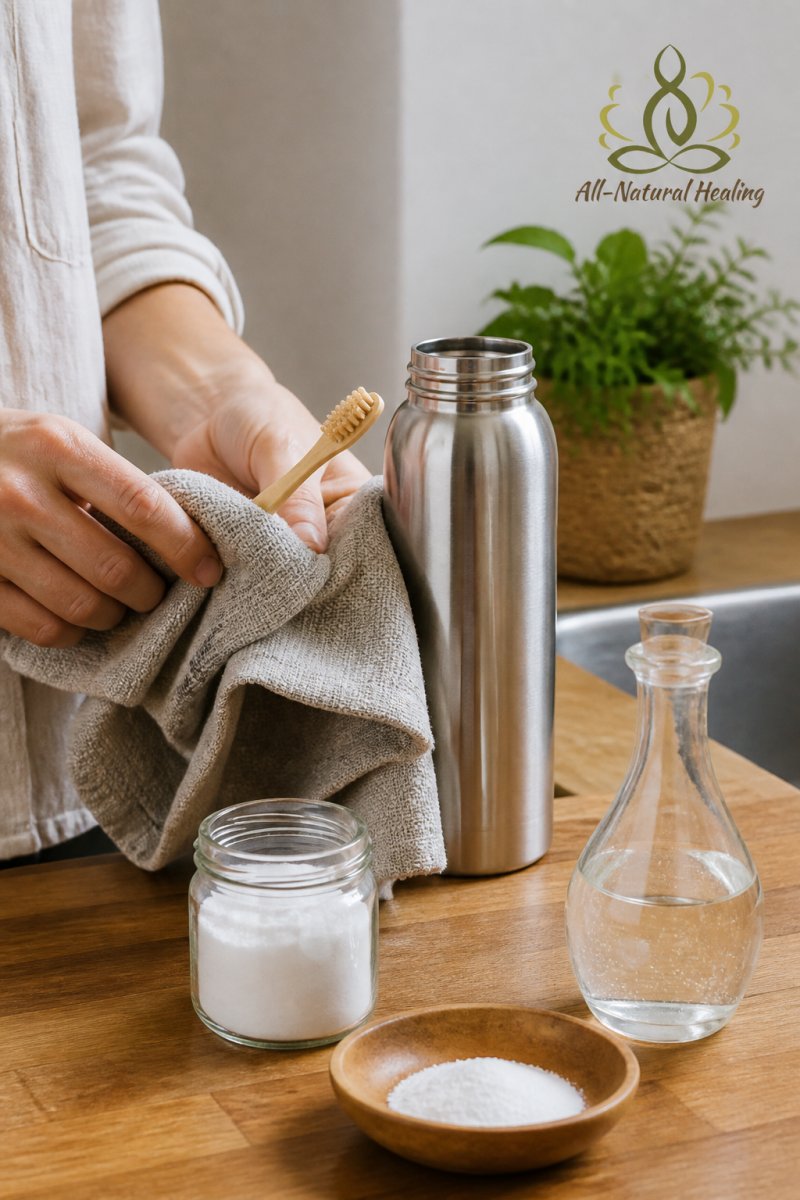 Close-up of hands drying a bamboo toothbrush and stainless steel water bottle on a wooden kitchen counter, with a small dish of baking soda and vinegar nearby for natural cleaning