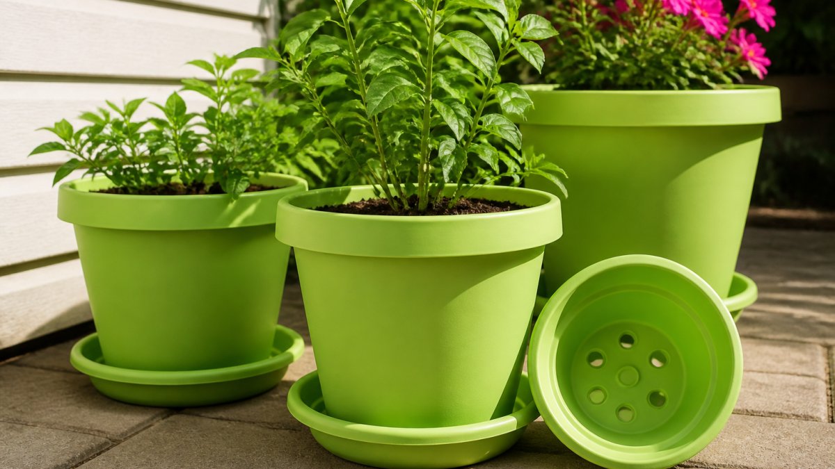 Close-up of vibrant lime green plastic flower pots with matching saucers arranged on a sunny patio, showing drainage holes clearly visible and healthy green plants thriving inside, with natural daylight highlighting the fade-resistant color