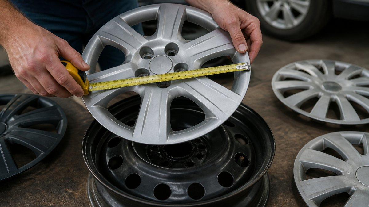Close-up of hands measuring a plastic wheel cover against a steel wheel with a tape measure, garage setting, natural light