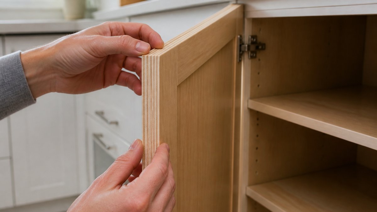 Close-up of a homeowner's hands examining the inside edge of an open kitchen cabinet door, showing layered plywood plies on the shelf edge in a bright kitchen
