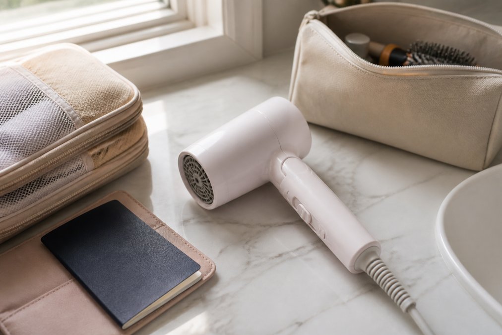 Compact portable hair dryer with a folding handle next to a passport and travel gear on a sunlit bathroom counter.