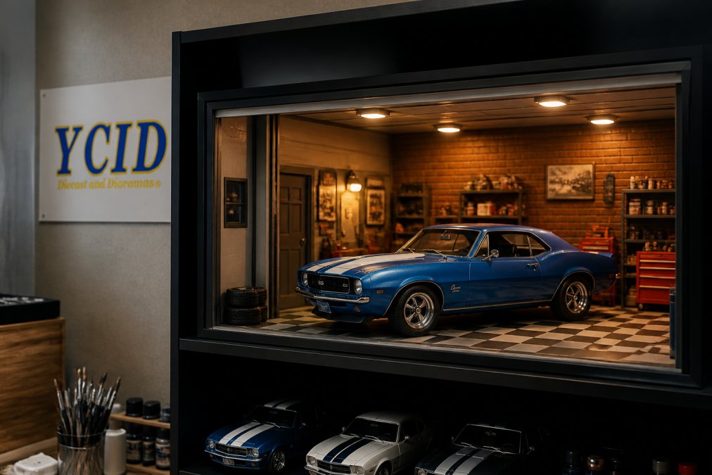 1:18 scale diecast muscle car displayed inside an illuminated prebuilt diorama showroom with warm lighting