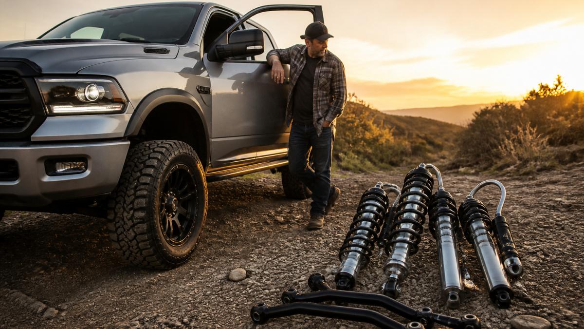Man in casual attire admiring the precision engineered suspension on his lifted truck at golden hour