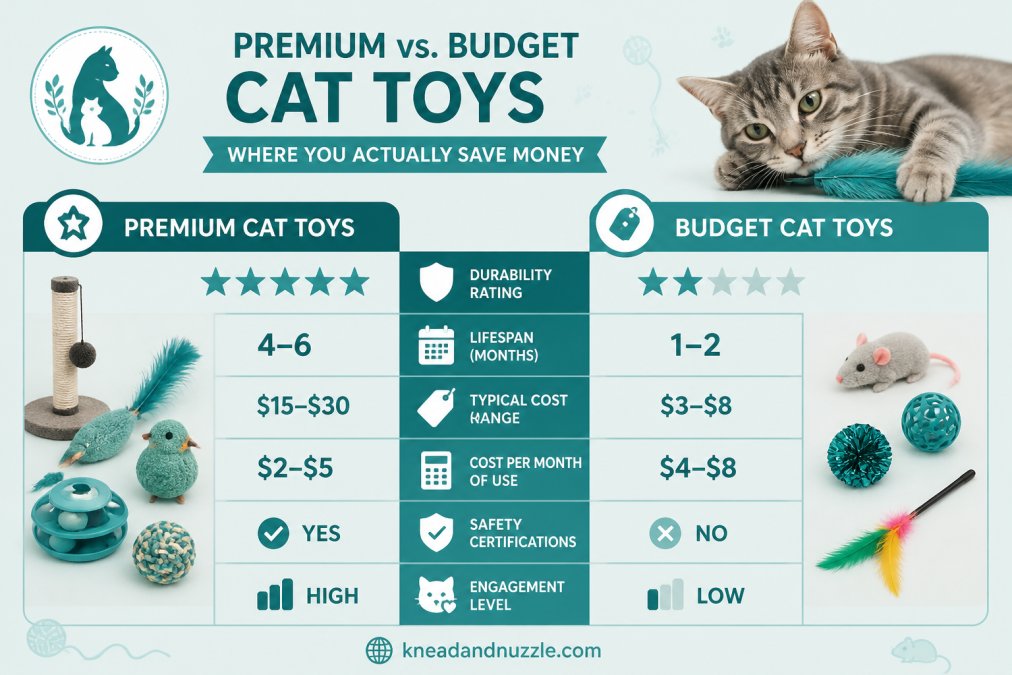 Comparison matrix showing the premium cat toys worth in durability, cost, and safety ratings versus budget toys.
