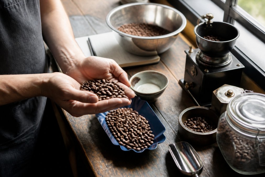 Close-up of hands holding a handful of roasted coffee beans, inspecting their colour and sheen near a window with natural light