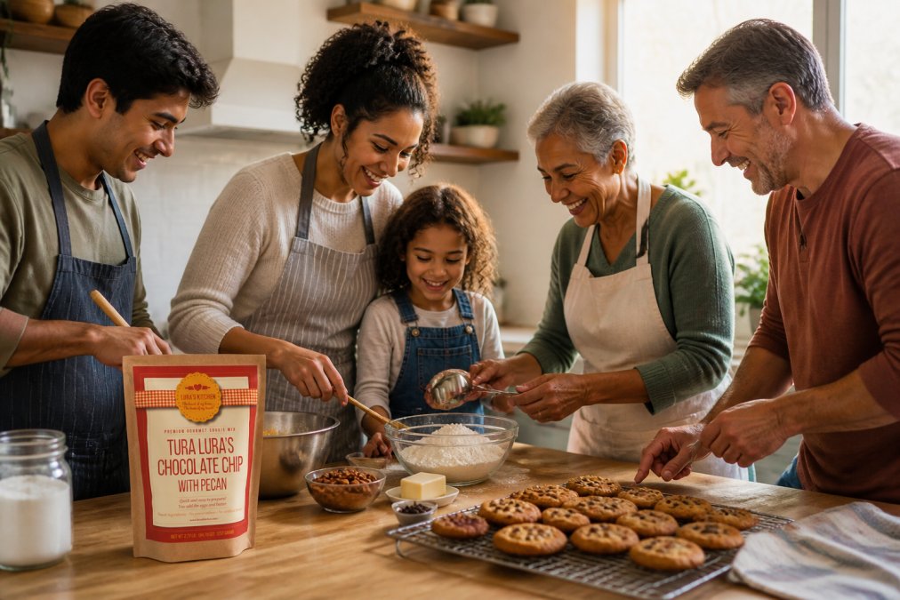 Multigenerational diverse family of different ethnicities, young child, middle-aged parent, and older grandparent, baking cookies together in a warm, sunlit kitchen, with one person holding a wooden spoon, another measuring ingredients, and finished golden-brown cookies cooling on a rack