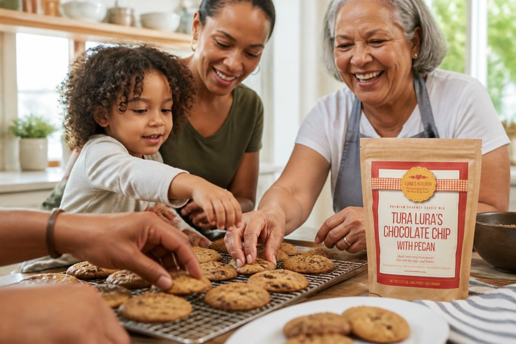 Close-up of hands of different ages and skin tones, a young child's small hand, an adult's hand, and an older person's hand, arranging golden-brown freshly baked cookies on a cooling rack, with Lura's Kitchen cookie mix boxes visible in the background, warm kitchen lighting
