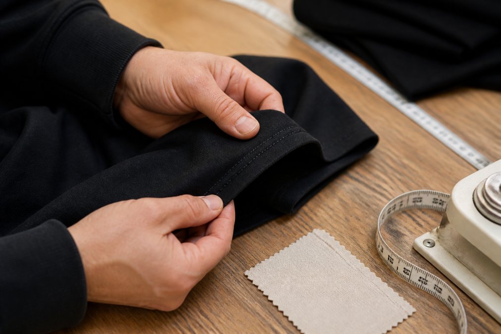 Close-up of hands examining the fabric and double-stitched hem of a heavyweight cotton t-shirt, with a fabric swatch and measuring tape visible on a wooden table