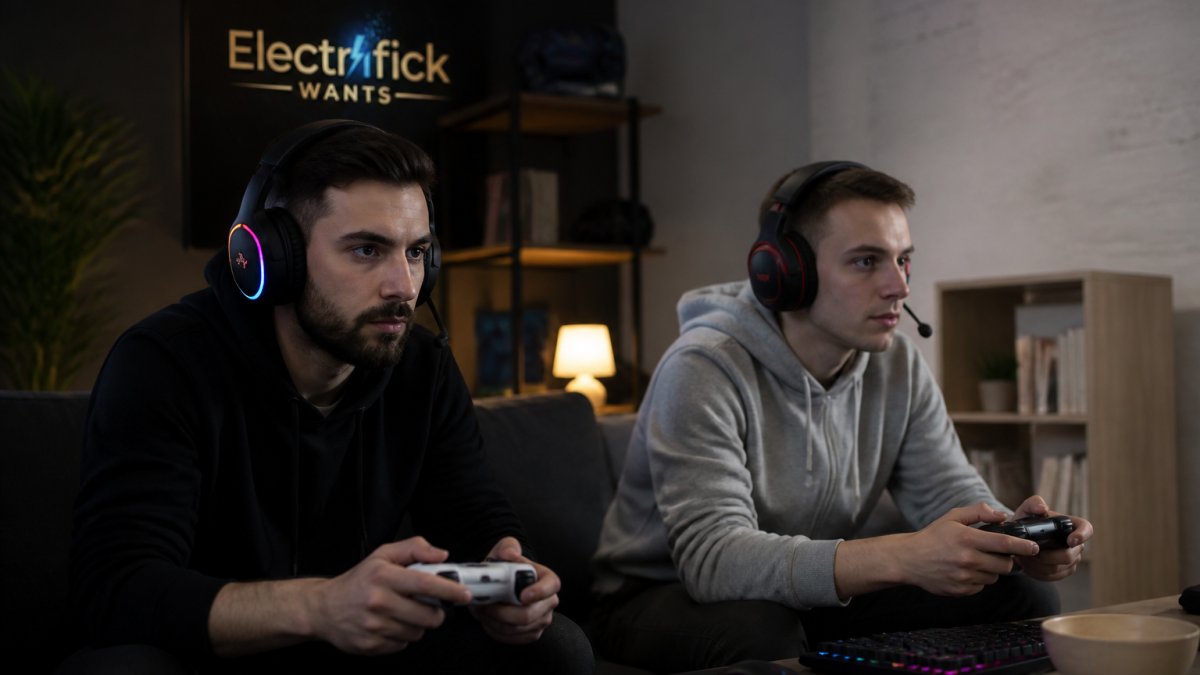 Gamer wearing over-ear gaming headset during intense gaming session, hands gripping controller, focused expression, RGB lighting visible on headset and desk