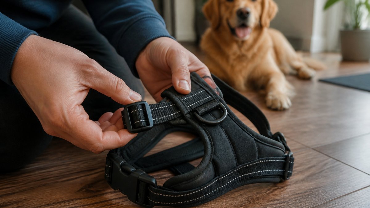 Close-up of a dog owner's hands inspecting the reinforced stitching and metal buckle on a padded dog harness resting on a wooden floor, with a dog waiting in the background