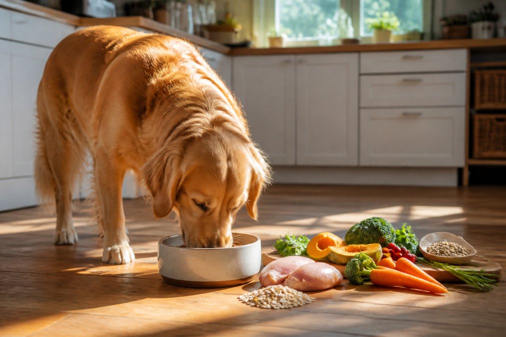A healthy dog eating from a ceramic bowl with fresh whole food ingredients like chicken, vegetables, and grains visible on the wooden surface beside the bowl, warm natural sunlight streaming through a kitchen window