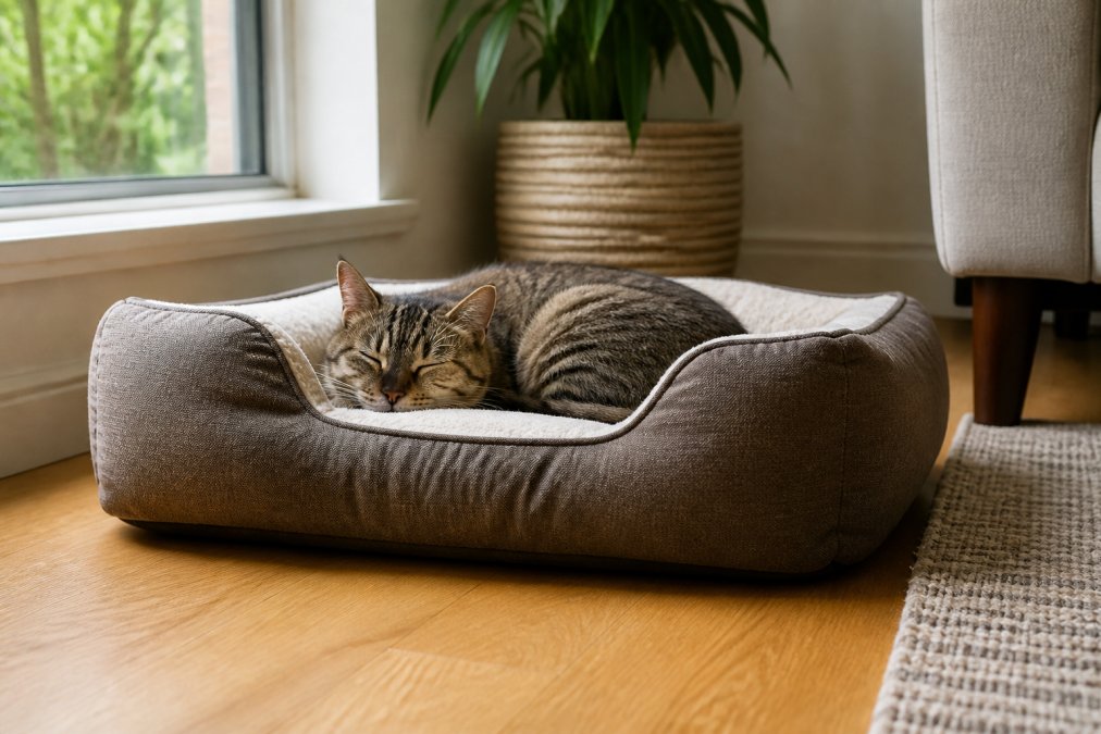 A cat resting peacefully on a high-quality pet bed with visible stitching and dense cushioning, positioned in a bright corner of a living room with hardwood flooring, showing the furniture's construction quality and comfort