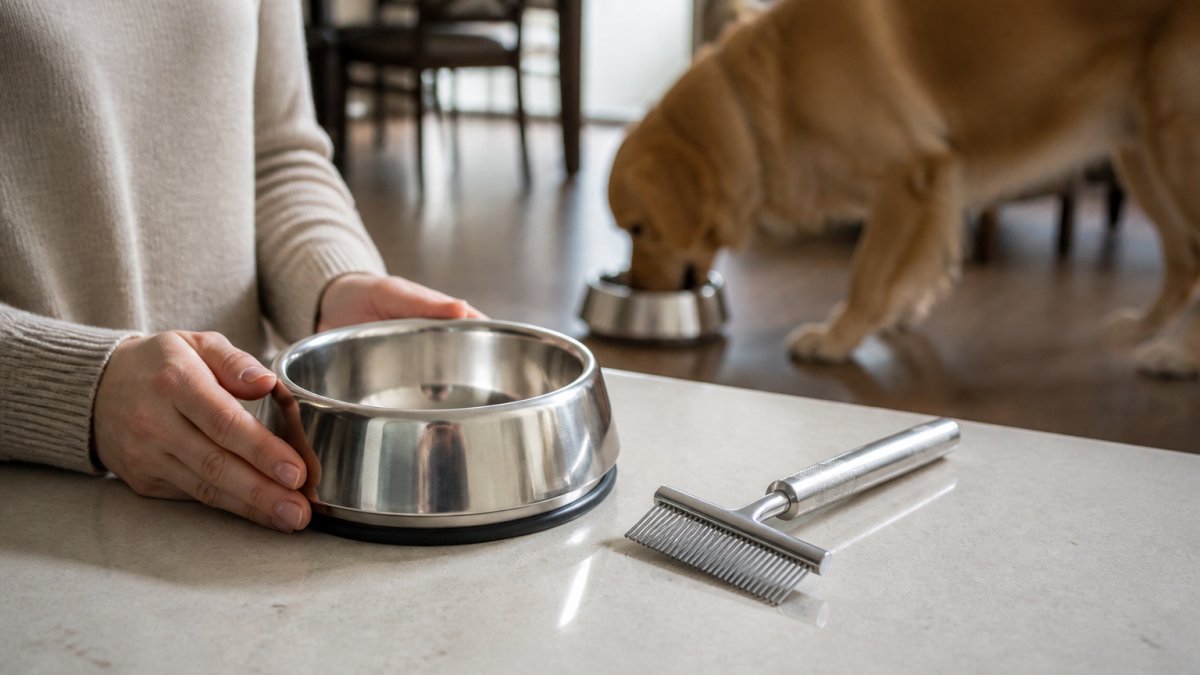 Pet owner examining a high-quality stainless steel food bowl and grooming comb side-by-side on a clean countertop, with a happy dog in the background enjoying the bowl