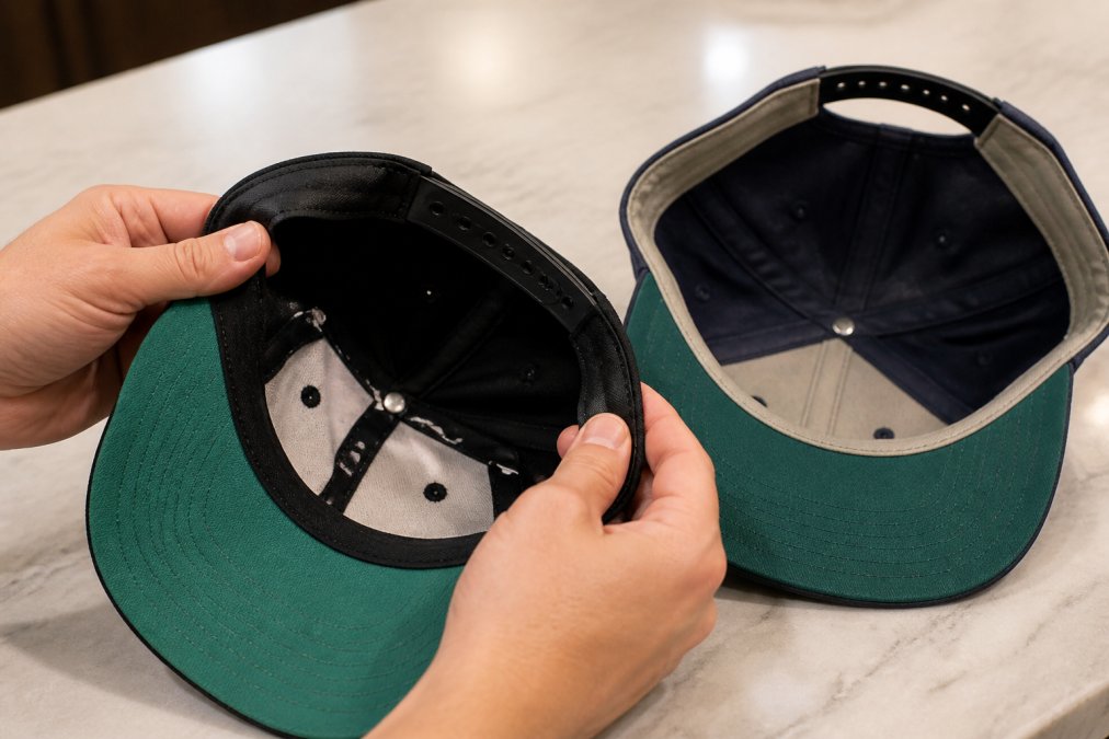 Close-up of hands examining the interior sweatband and stitching of a premium snapback cap on a clean countertop, with a second cap nearby for comparison