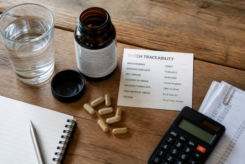 A clear, top-down photo of a wooden kitchen table with an open supplement bottle, a glass of water, and a labelled batch traceability card placed beside it, showing the product's origin details in natural daylight