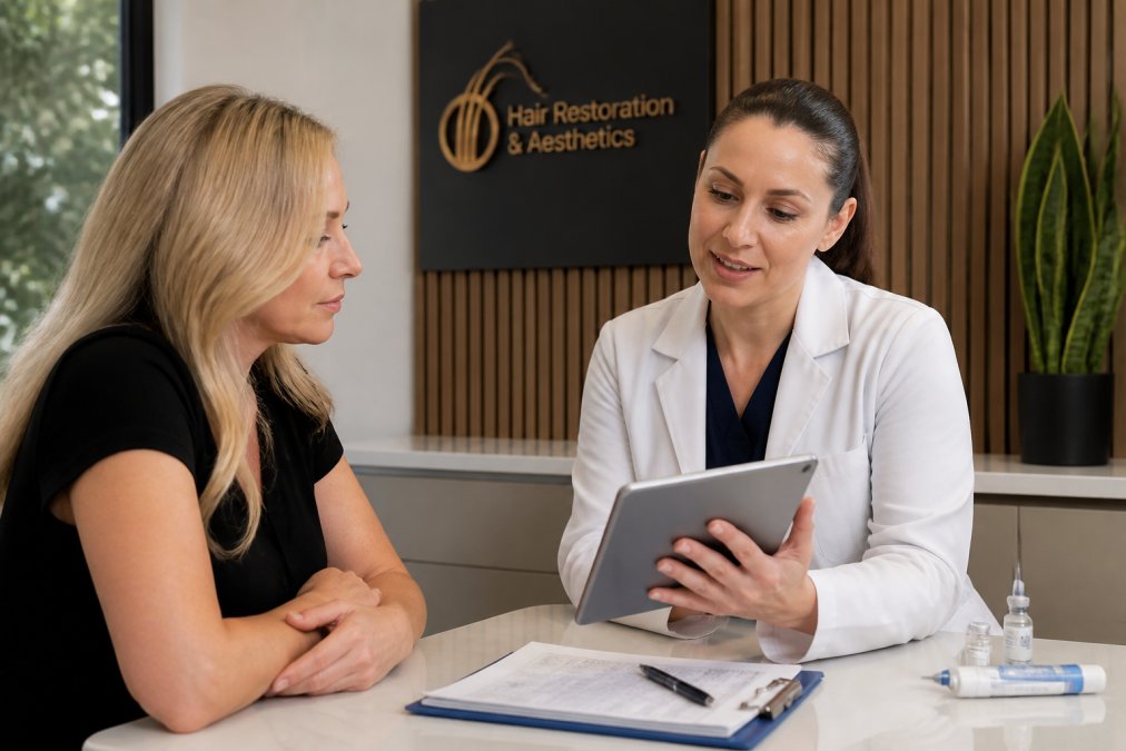 Professional physician in clinical setting consulting with patient during medical weight management appointment, reviewing health metrics and discussing treatment options on tablet