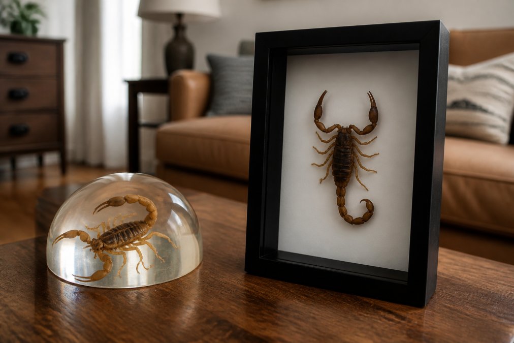 Comparison of a preserved scorpion in a shadow box versus a resin-encased display on a wooden shelf