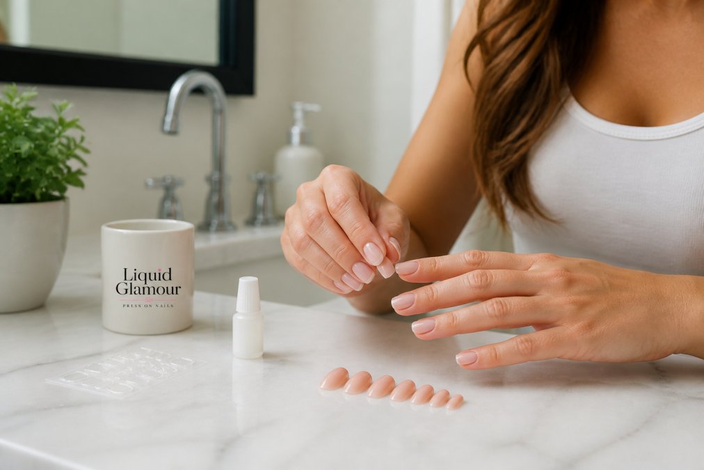 Woman applying press on nails using glue at a clean bathroom counter