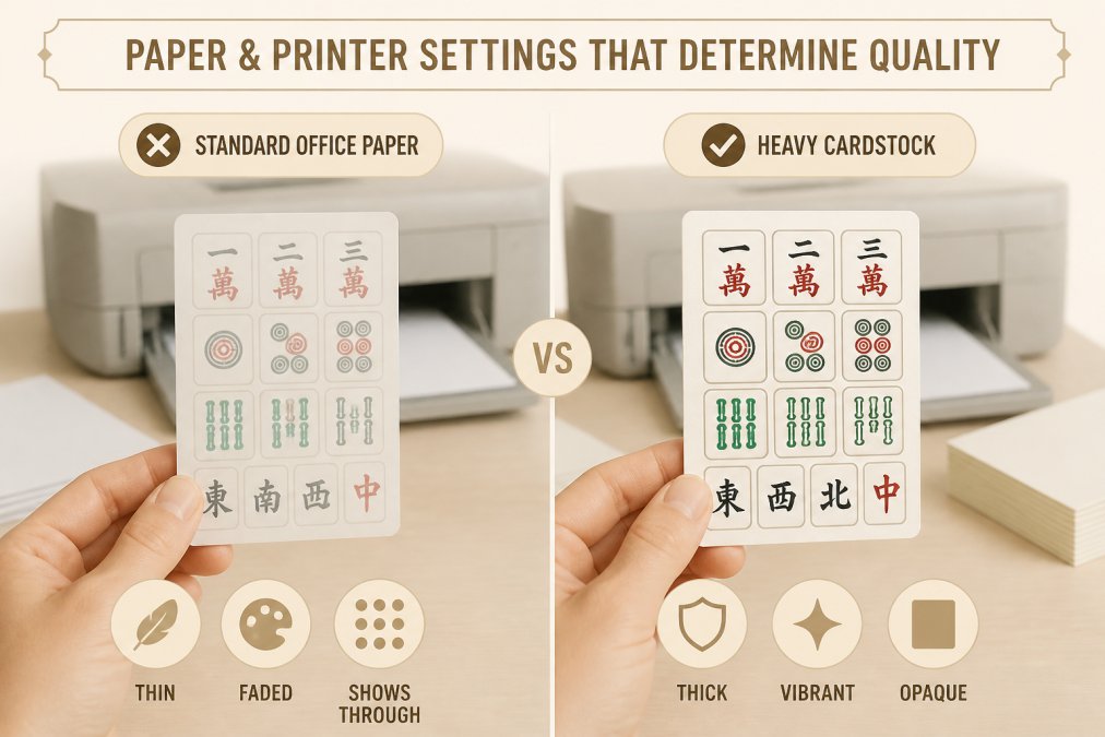 Comparison of mahjong cards printed on standard paper versus heavy cardstock to demonstrate quality differences.