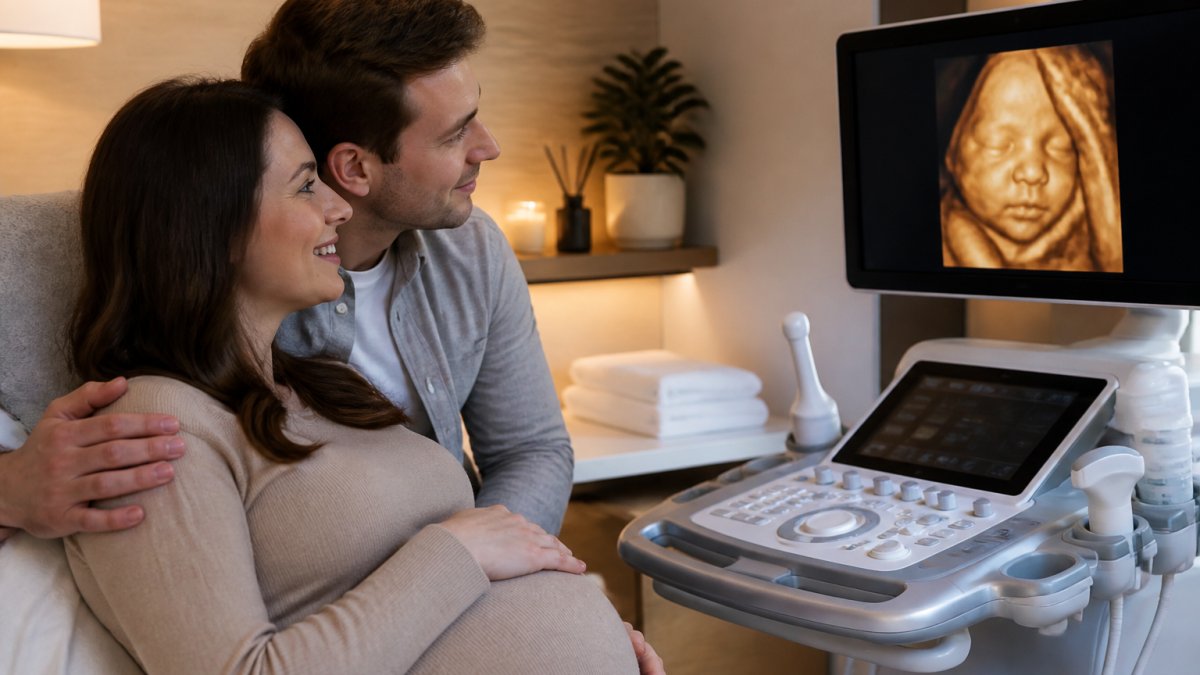 Expectant parents in a comfortable, spa-like ultrasound room looking at a 3D ultrasound image on a monitor together, showing an emotional bonding moment
