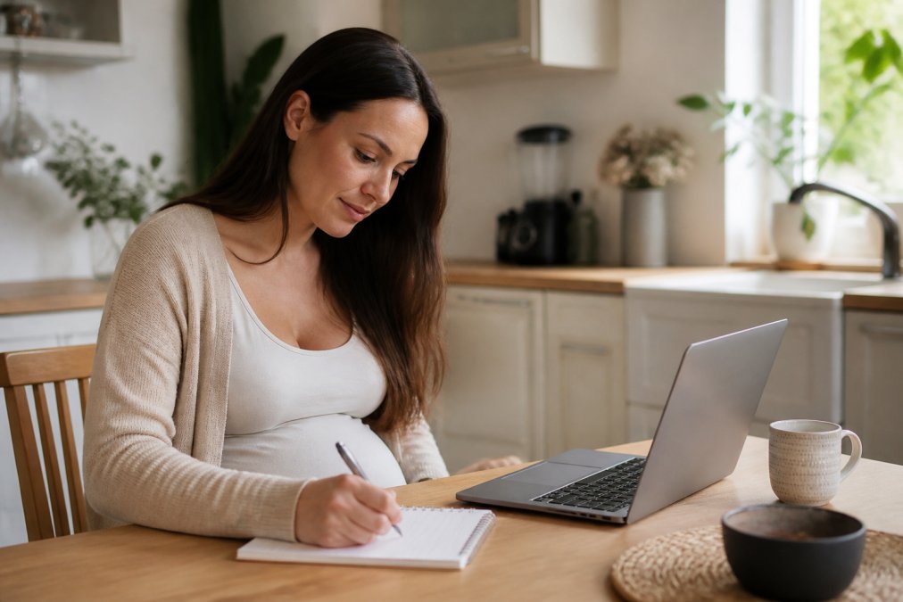 A pregnant woman sitting at a kitchen table with a laptop and notepad, checking a clinic's website and writing notes, warm natural light, calm and reassuring atmosphere