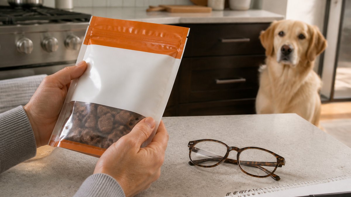 Hands holding a bag of dog chews with reading glasses nearby as a dog waits patiently on a kitchen floor.