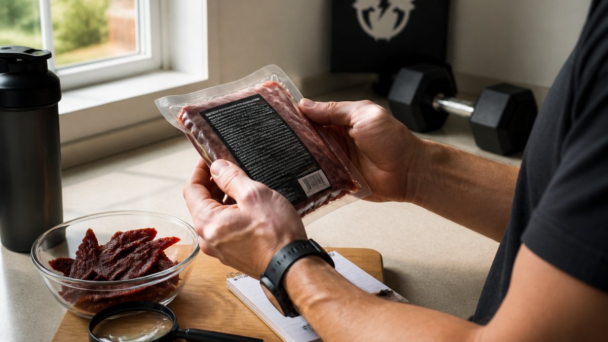 Hands holding a package of processed meat while inspecting the ingredient label in natural light